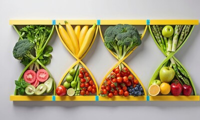 Healthy vegetables and fruits are sorted into colorful triangles, lined up on a shelf with nutritional measurement as the theme. The image portrays dietary diversity and the science of nutrition. AI