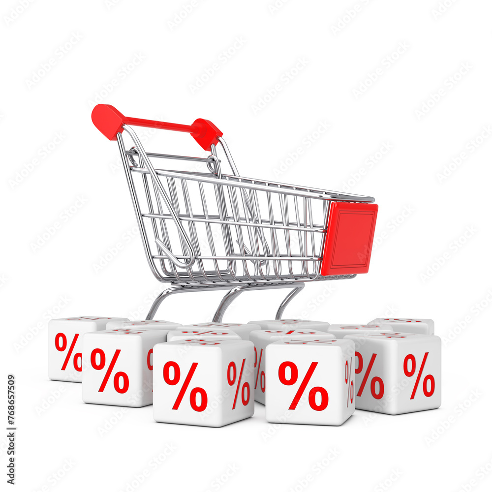Poster shopping cart trolley with heap of discount sale percent cubes. 3d rendering