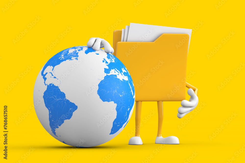 Poster Yellow Folder Icon Cartoon Person Character Mascot with Earth Globe. 3d Rendering