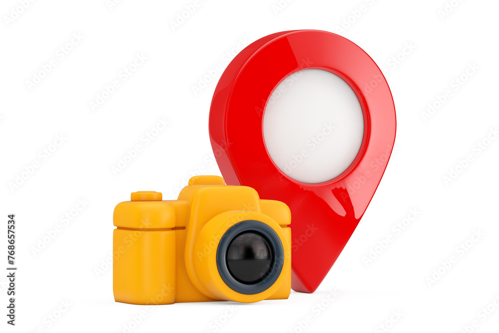  abstract yellow photo camera web icon with red map pointer pin. 3d rendering