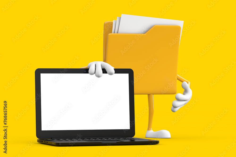 Poster yellow file folder icon cartoon person character mascot with modern laptop computer notebook and bla