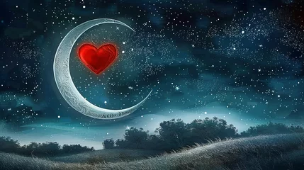 Foto op Plexiglas drawing illustration. a magical landscape of a next to the crescent moon is a bright red heart, below them is a night view of a field in the moonlight © Pter