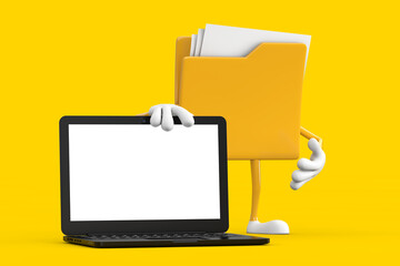 Yellow File Folder Icon Cartoon Person Character Mascot with Modern Laptop Computer Notebook and Blank Screen for Your Design. 3d Rendering