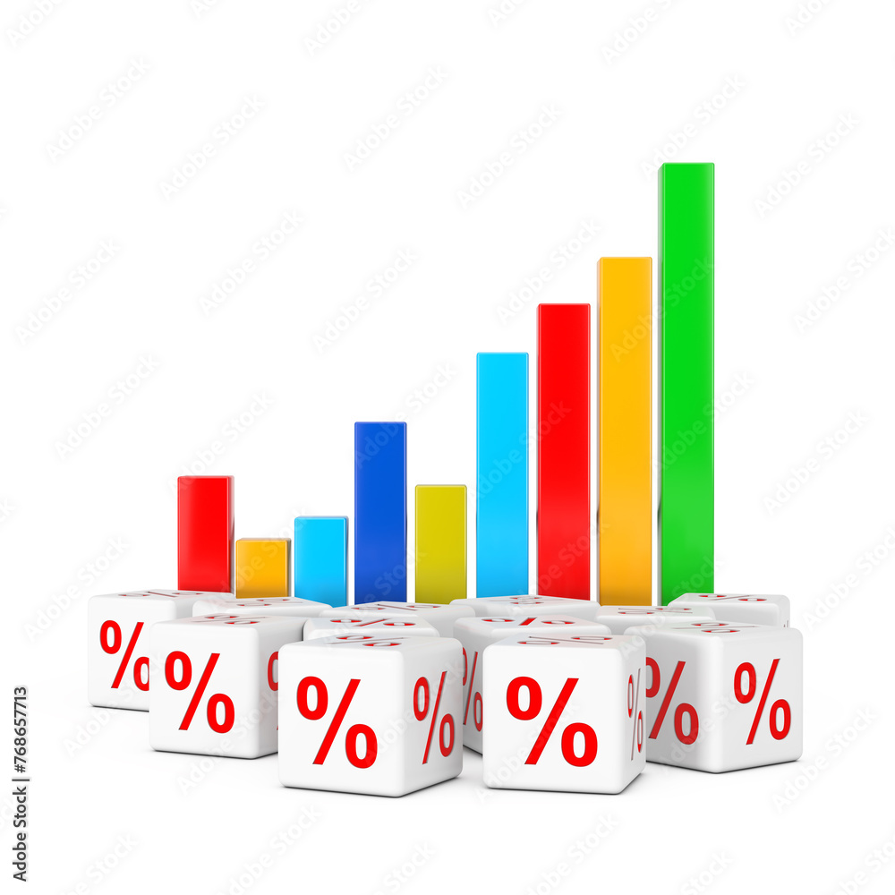 Poster statistical business infographic bar chart graph diagram with heap of discount sale percent cubes. 3