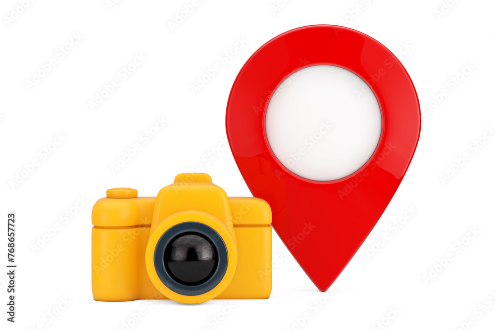 Poster abstract yellow photo camera web icon with red map pointer pin. 3d rendering