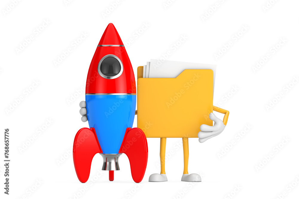 Aufkleber yellow file folder icon cartoon person character mascot with cartoon toy rocket. 3d rendering