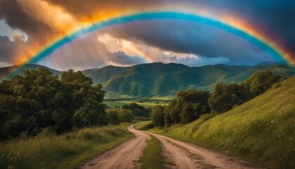 A vibrant rainbow arcs over a serene country road, inviting travelers to journey through the lush green landscape under a dramatic sky.