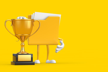 Yellow File Folder Icon Cartoon Person Character Mascot with Golden Award Trophy. 3d Rendering