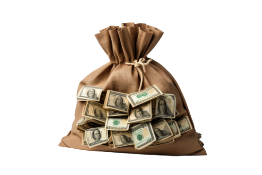 Fortunes Treasure: A Bag Overflowing With Wealth on a Table. On a White or Clear Surface PNG Transparent Background.