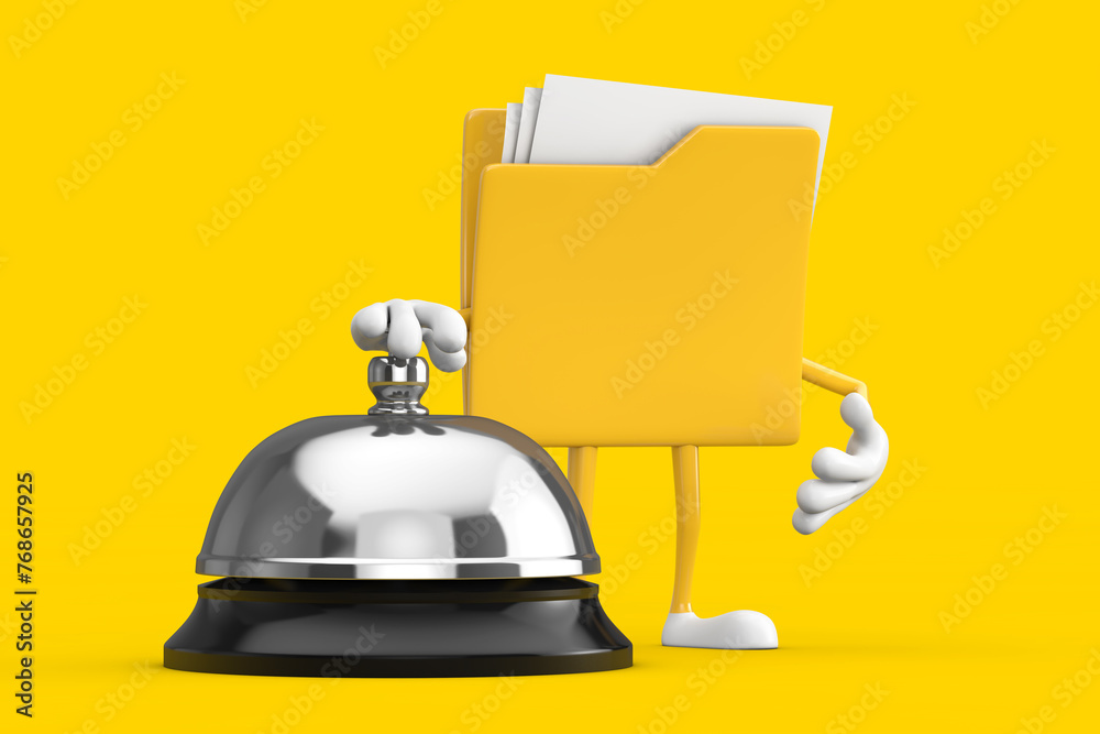 Aufkleber Yellow File Folder Icon Cartoon Person Character Mascot with Hotel Service Bell Call . 3d Rendering
