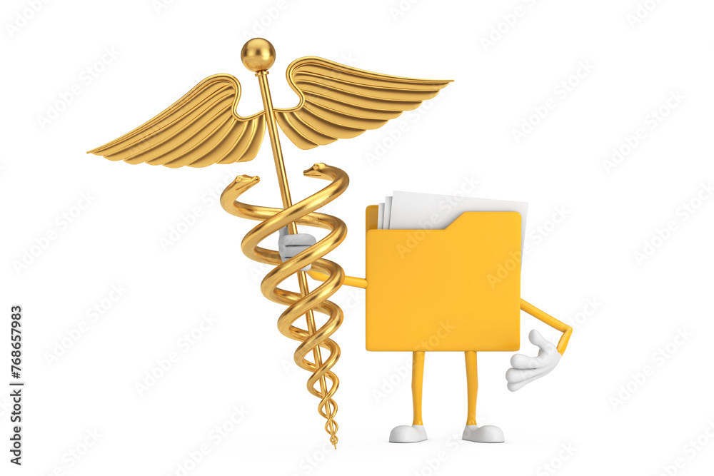 Aufkleber yellow file folder icon cartoon person character mascot with golden medical caduceus symbol. 3d rend