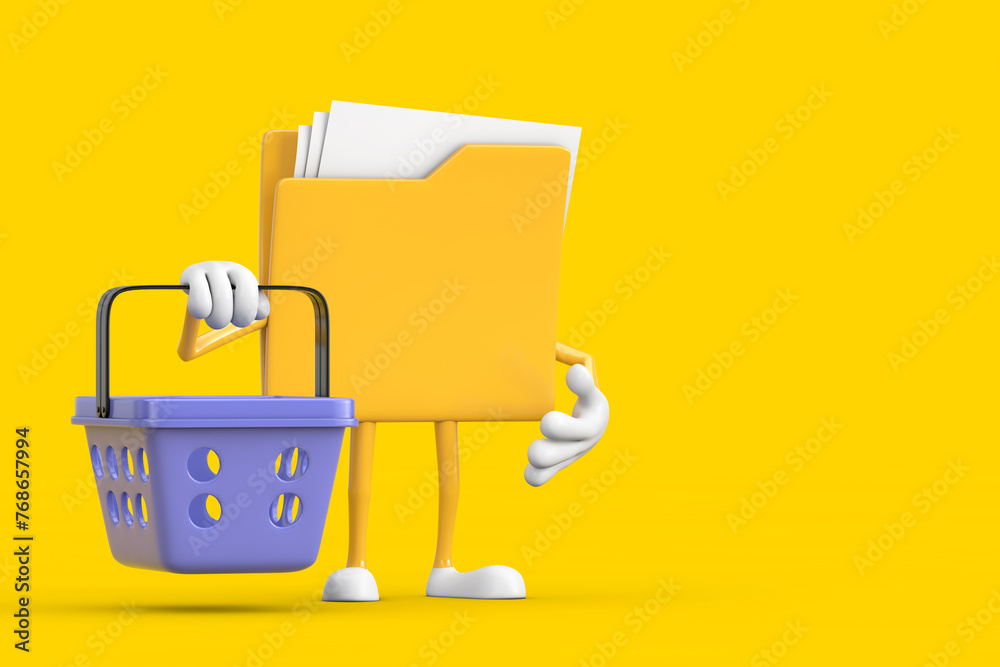 Poster yellow file folder icon cartoon person character mascot with cartoon shopping basket. 3d rendering