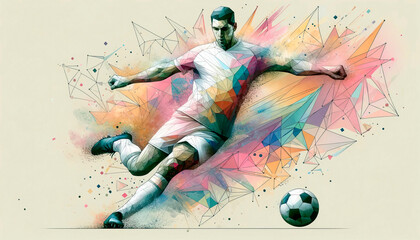 Man Kicking Soccer Ball in Pastel Tones