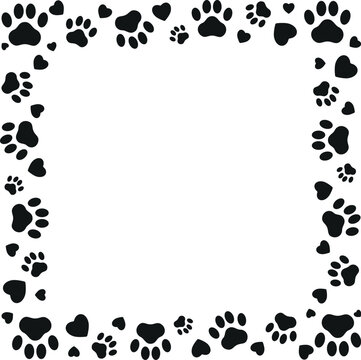 Black paw patterns in the form of a frame with hearts on a white background
