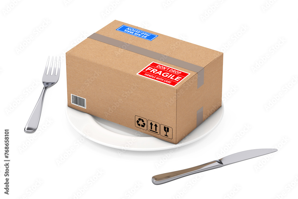 Aufkleber Cardboard Package and Parcel Box on Plate with a Fork and a Knife. 3d Rendering