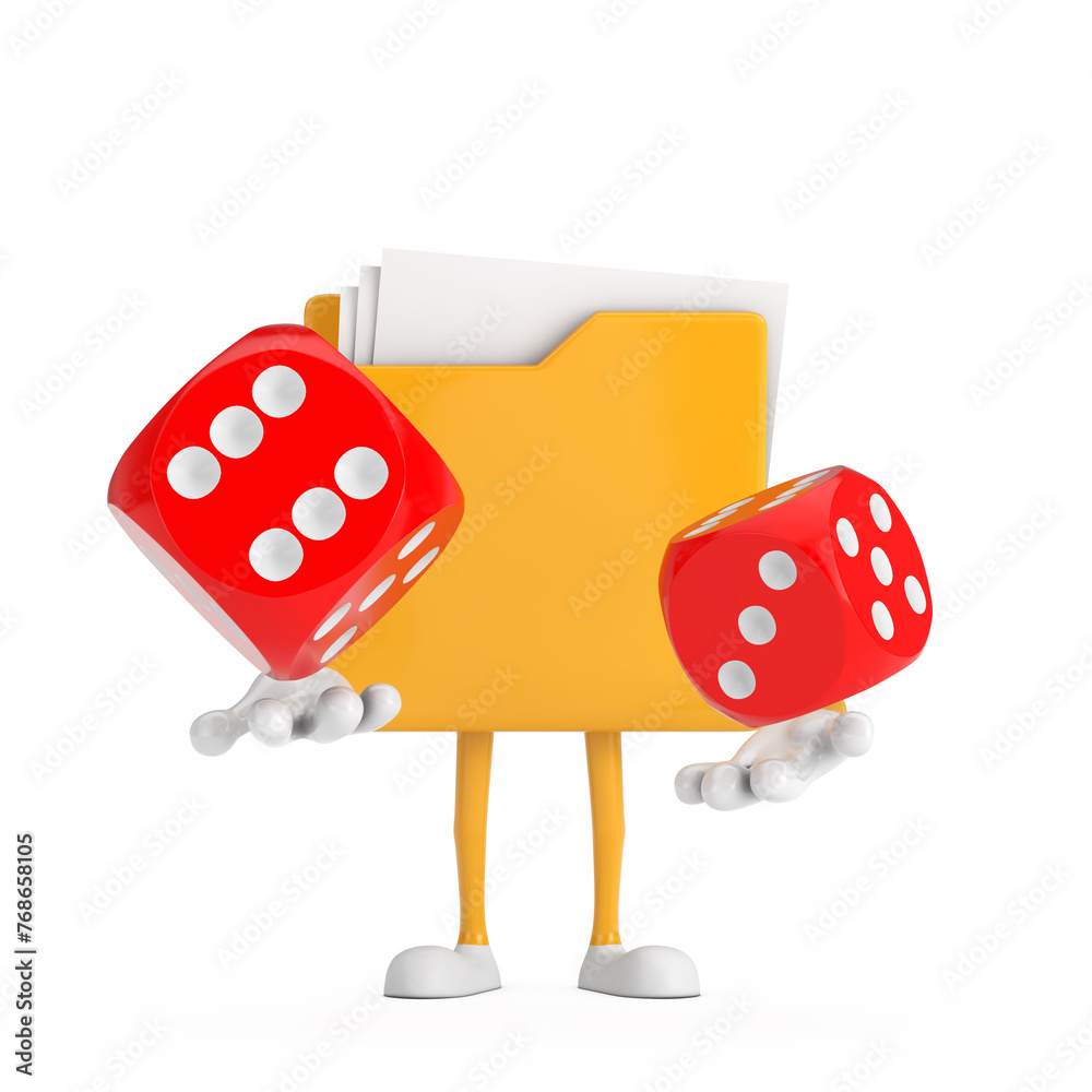 Leinwandbilder Yellow File Folder Icon Cartoon Person Character Mascot with Red Game Dice Cubes in Flight. 3d Rendering