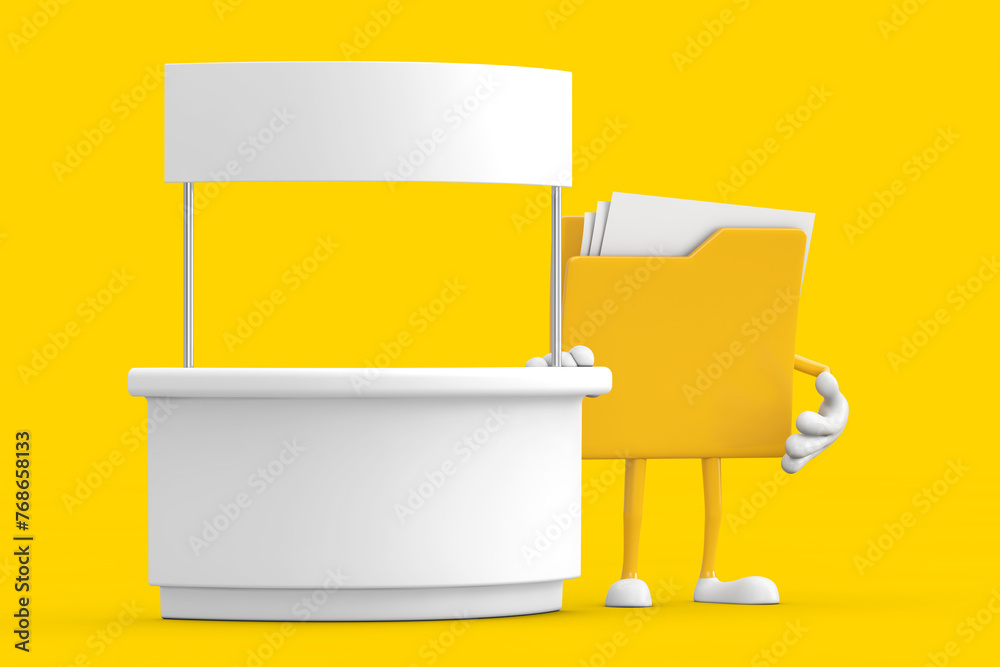 Fototapete yellow file folder icon cartoon person character mascot near blank promotion stand with free space f