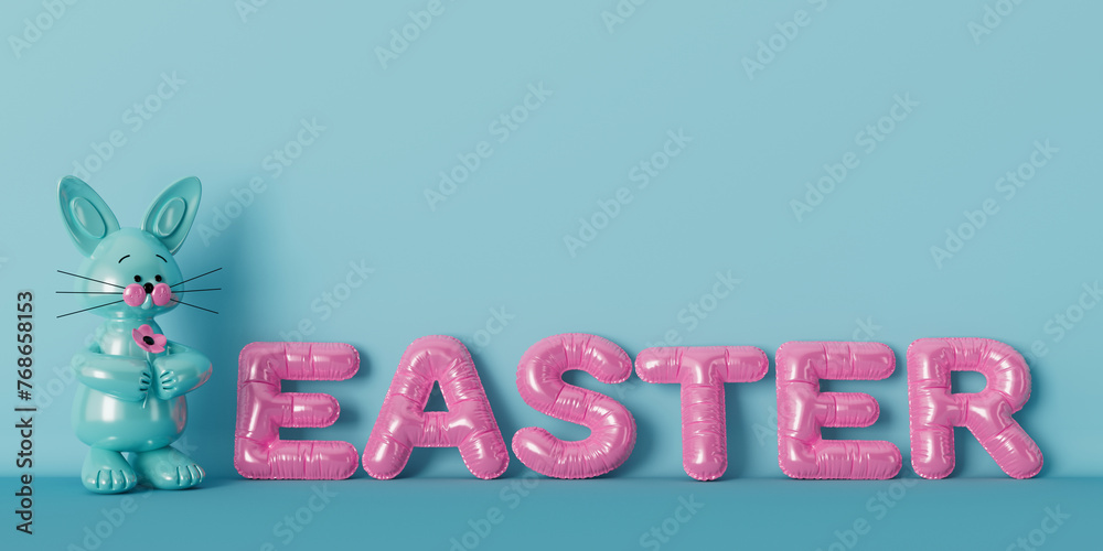 Poster pink easter balloon letters sign with balloon rabbit. 3d rendering