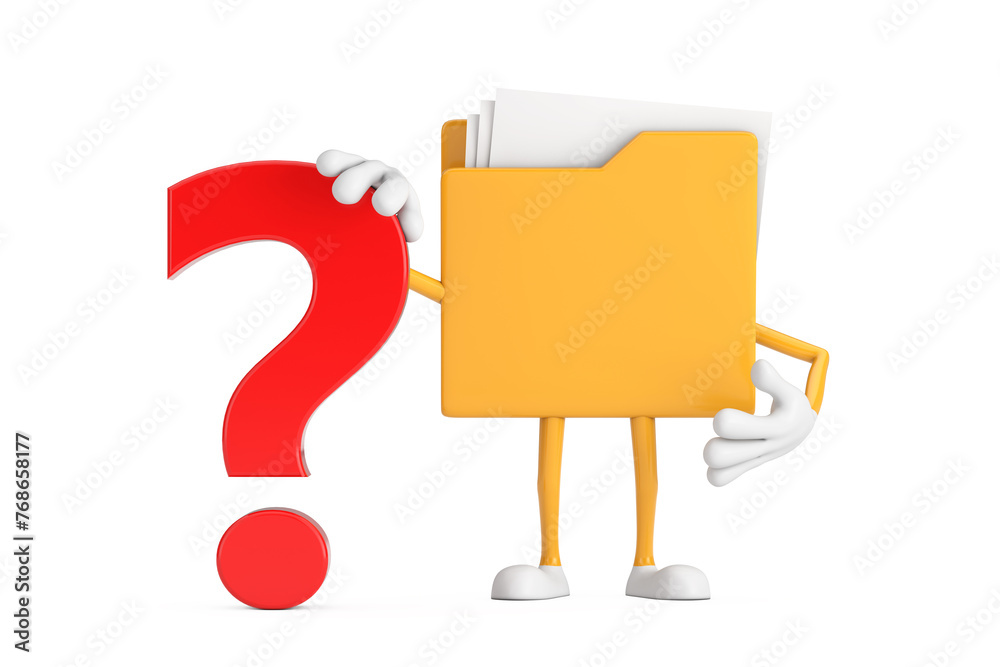 Fototapete yellow file folder icon cartoon person character mascot with red question mark sign. 3d rendering