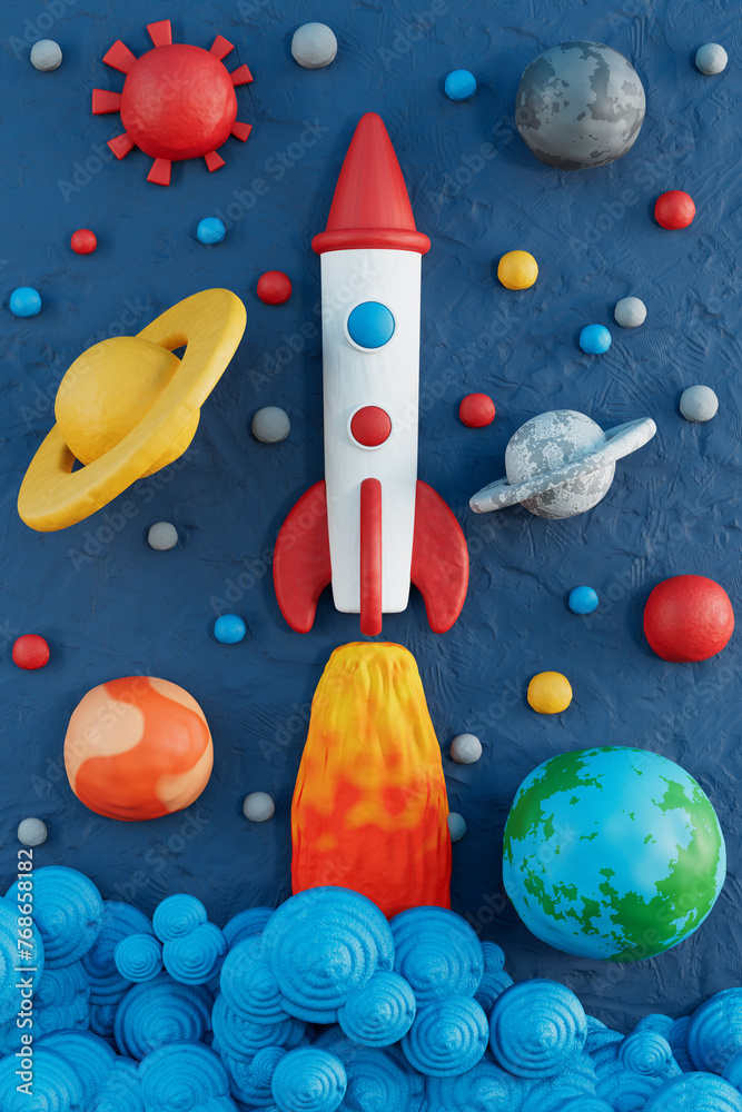 Aufkleber adstract plasticine space scene with rocket and planets. 3d rendering