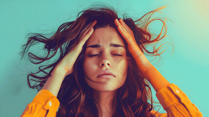 portrait of stressed young woman with closed eyes and hands on head on blue background