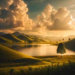 A serene landscape at golden hour, with a reflective lake encircled by rolling hills under a dramatic sky.