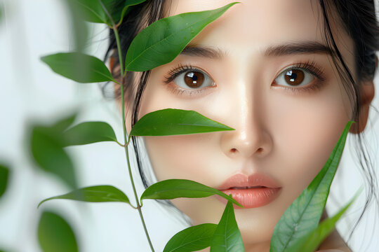 A portrait of a beautiful woman with flawless, healthy skin and green leaves, representing natural beauty and wellness.
