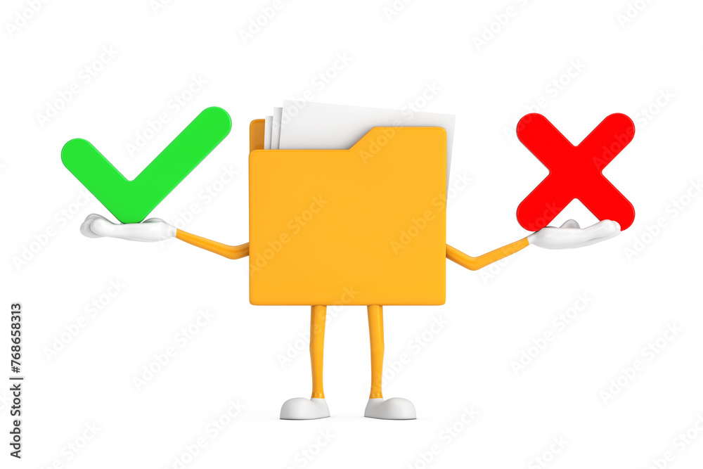 Aufkleber yellow file folder icon cartoon person character mascot with red cross and green check mark, confirm