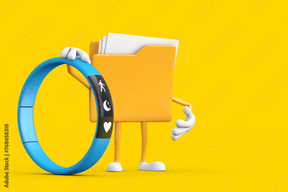 Poster yellow file folder icon cartoon person character mascot with blue fitness tracker. 3d rendering