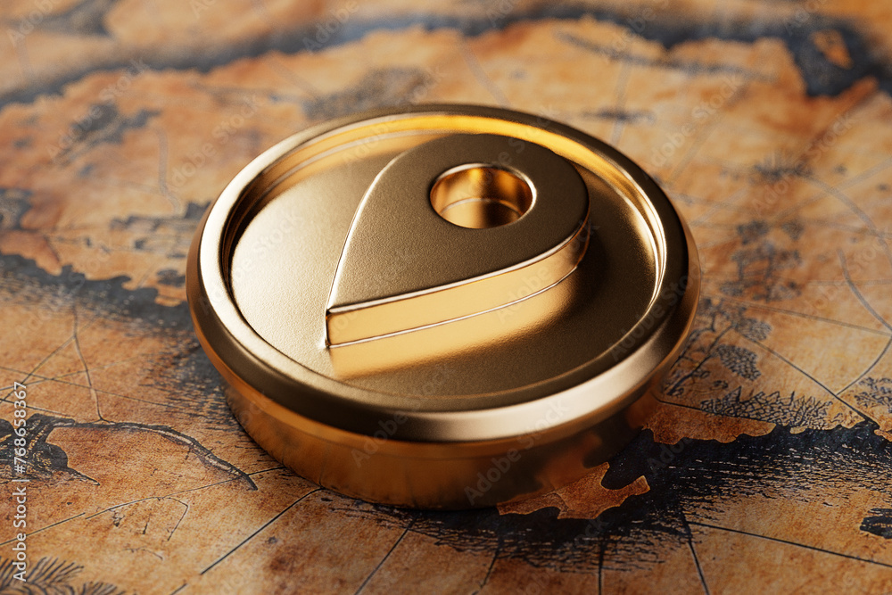Poster Golden Map Pointer Destination Pin on an Old Map. 3d Rendering