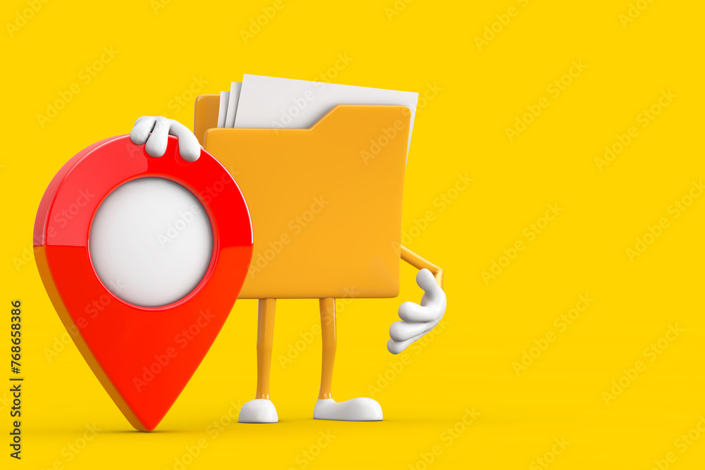 Poster yellow file folder icon cartoon person character mascot with red target map pointer pin. 3d renderin