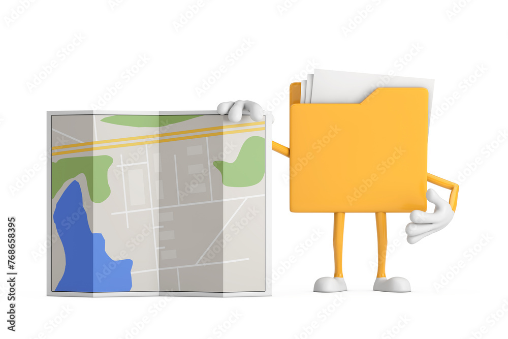Poster yellow file folder icon cartoon person character mascot with abstract city plan map. 3d rendering