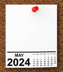 Calendar May 2024 on Blank Note Paper. 3d Rendering