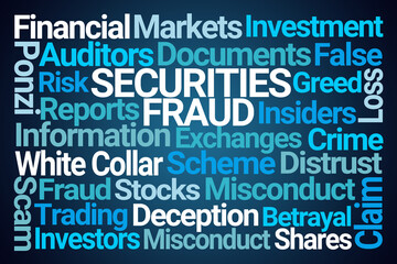Securities Fraud Word Cloud on Blue Background