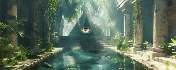 A peaceful setting with a single eye of providence symbol hovering over a reflective water surface, surrounded by old stone columns and abundant green foliage.