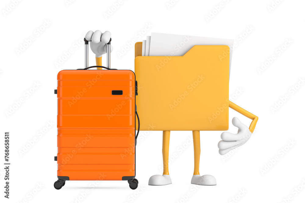 Aufkleber yellow file folder icon cartoon person character mascot with orange travel suitcase. 3d rendering