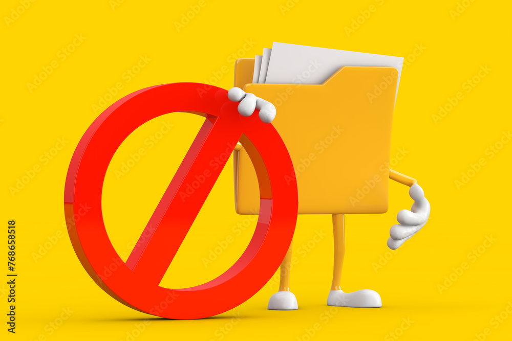 Poster yellow file folder icon cartoon person character mascot with red prohibition or forbidden sign. 3d r