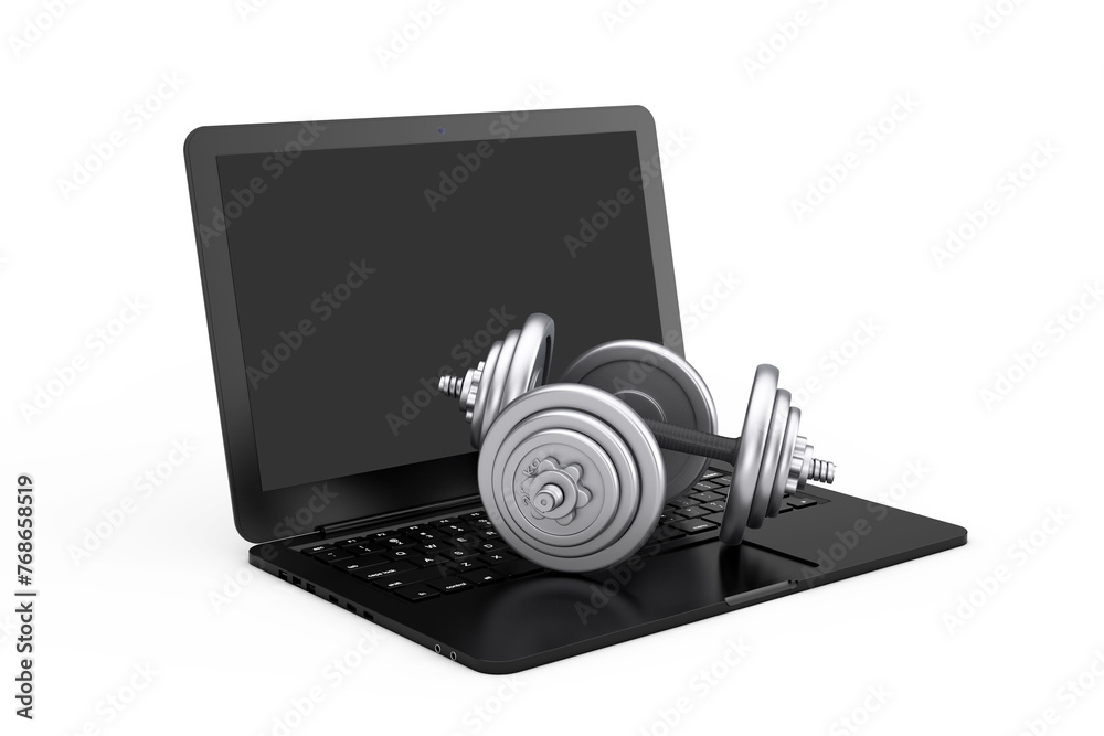 Poster fitness exercise equipment dumbbells weight on top of modern laptop computer. 3d rendering
