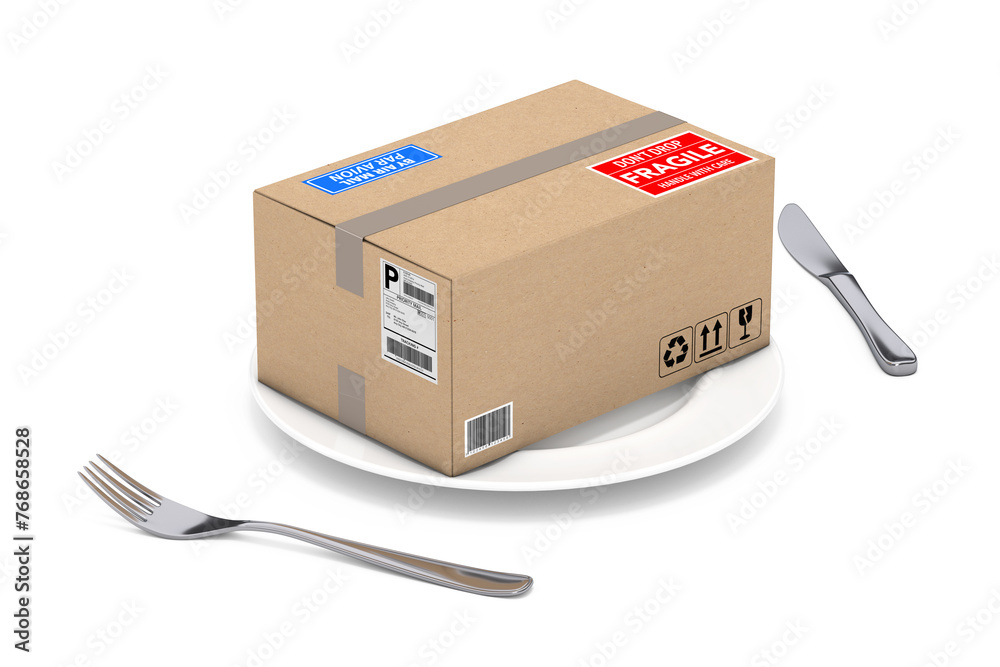 Poster Cardboard Package and Parcel Box on Plate with a Fork and a Knife. 3d Rendering
