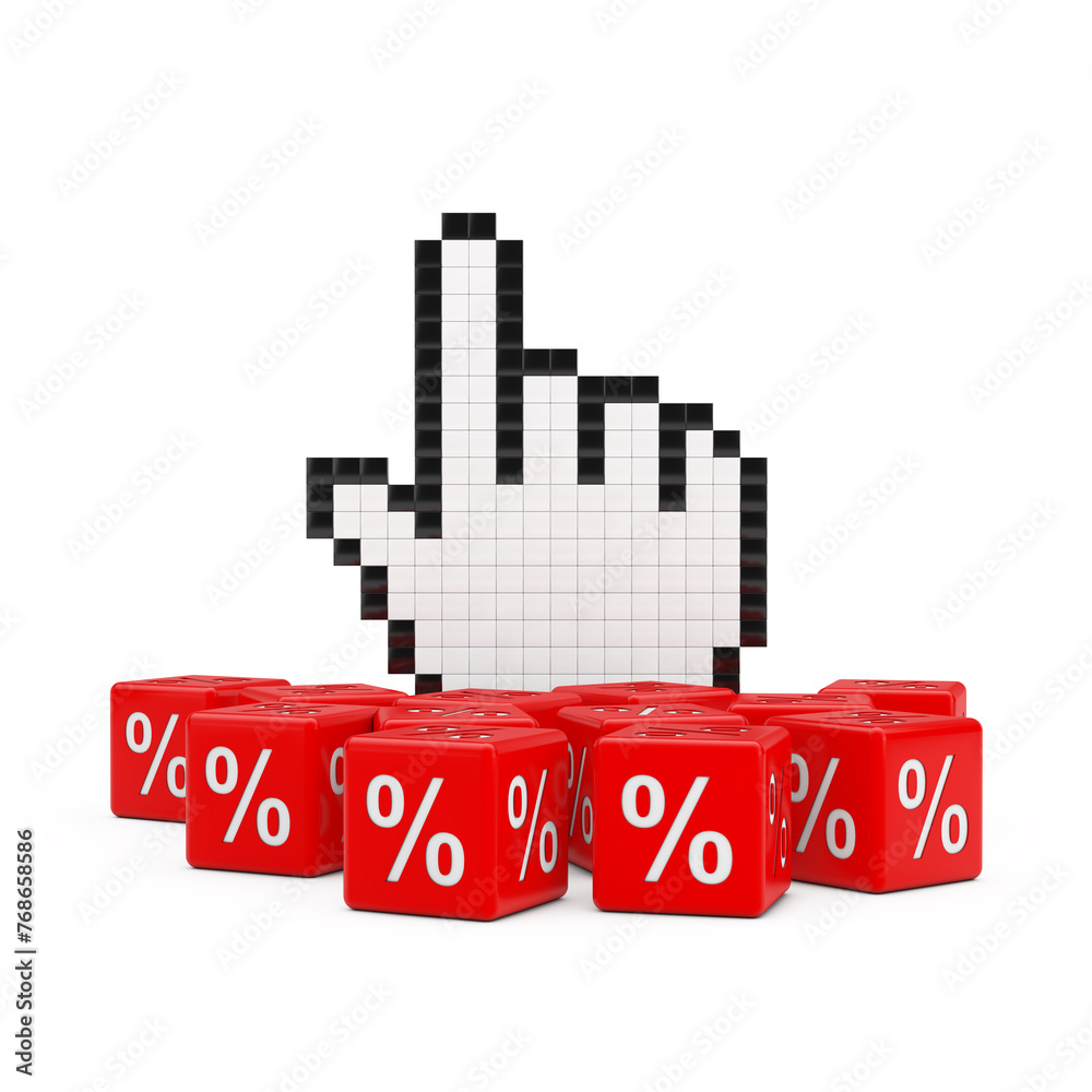 Fototapete Pixel Hand Pointer Cursor with Heap of Discount Sale Percent Cubes. 3d Rendering
