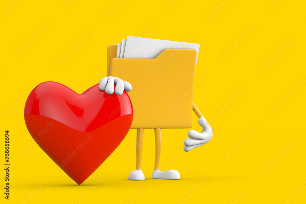 Aufkleber yellow folder icon cartoon person character mascot with red heart. 3d rendering