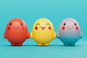 Cute Cartoon Doodle Characters with Different Faces in Kawaii Style. 3d Rendering