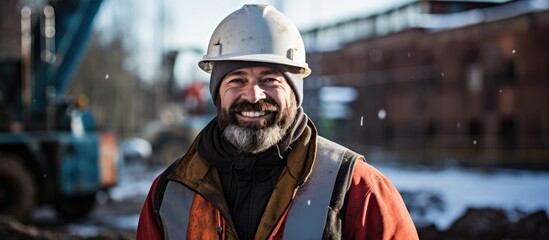 A man wearing a hard hat stands confidently in front of a bustling construction site. He appears to be overseeing the progress of the work, dressed in winter work wear.