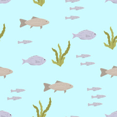 Seamless pattern with fish and algae color. Vector illustration dorado carp, background. - 768658568