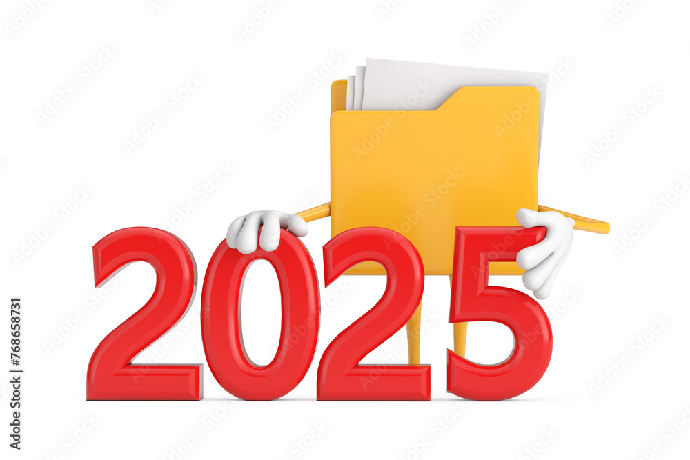 Aufkleber folder icon cartoon person character mascot with red 2025 new year sign. 3d rendering