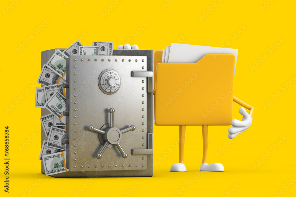 Poster Yellow File Folder Icon Cartoon Person Character Mascot with Vault or Safe Box Full of Dollar Bills. 3d Rendering