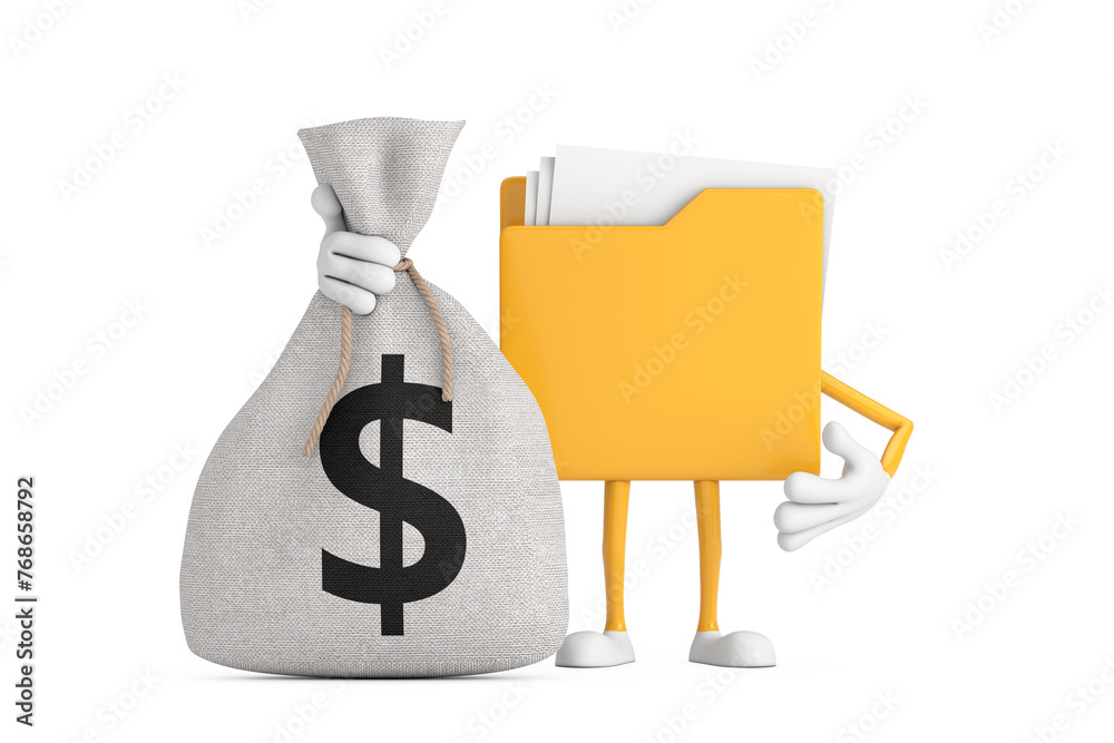 Aufkleber Yellow File Folder Icon Cartoon Person Character Mascot and Tied Rustic Canvas Linen Money Sack or Money Bag with Dollar Sign. 3d Rendering