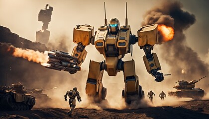 A colossal mech robot armed with rockets strides across a battlefield, surrounded by soldiers and tanks amidst billowing smoke - obrazy, fototapety, plakaty