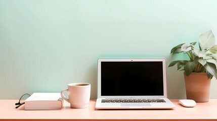 A composition of a laptop, smartphone, and a cup of coffee on a sleek white desk, against a background of soft pastel-colored walls.