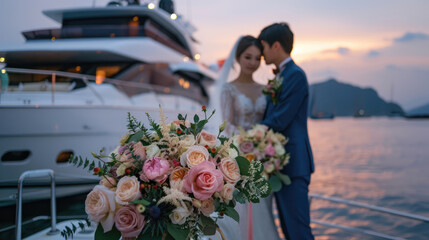 Wedding on a yacht. Wedding bouquet in the foreground. Blurred background
